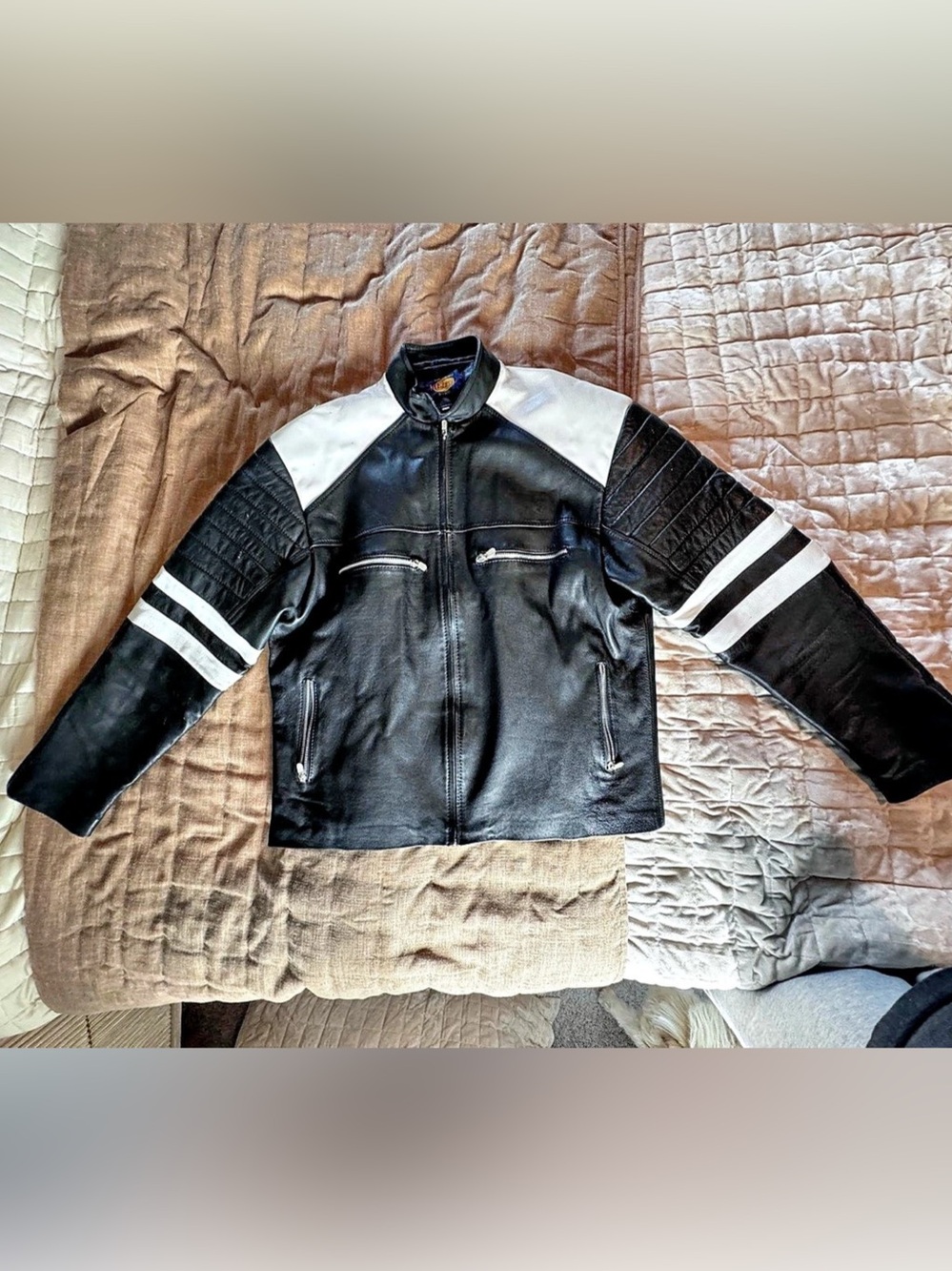 Color Block Faux Leather Varsity Jacket in Black & White Size XL